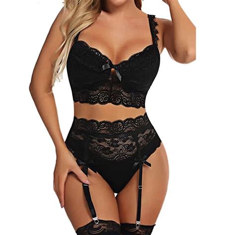 Women Sexy Sheer Floral Lace Pajamas Lingerie Set High Waist Sleepwear