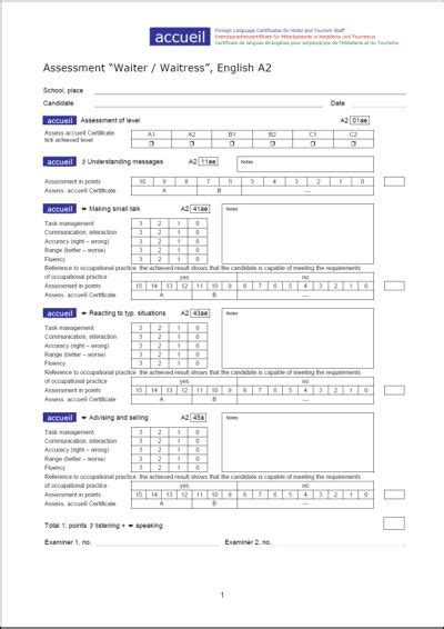 Assessment Sheet Waiter Assessment Waiter Understanding