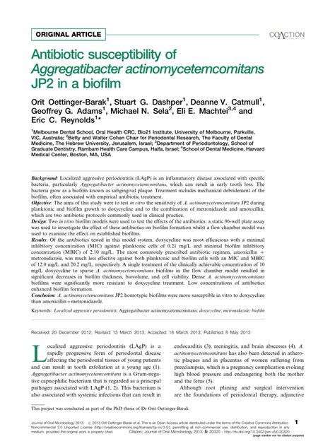 (PDF) Antibiotic susceptibility of Aggregatibacter actinomycetemcomitans JP2 in a biofilm