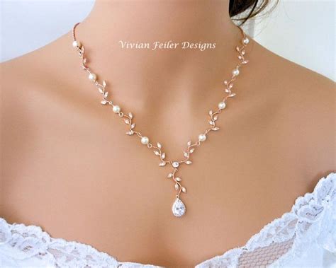 Wedding Necklace Pearl Rose Gold Y Bridal Vine Leaf Backdrop Etsy