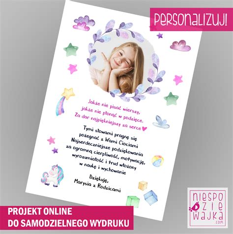 Projekt online A4 Podziękowanie dla Cioci od dziecka ze zdjęciem