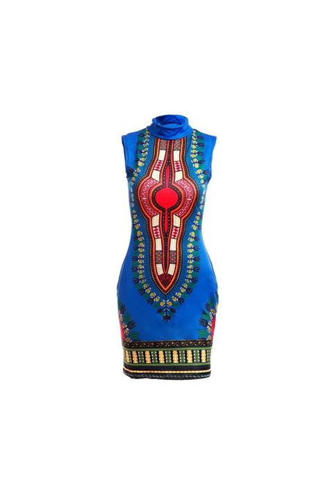 Vestido Mini Dashiki Estilo Afro Azul Sem Manga Vestido Dashiki