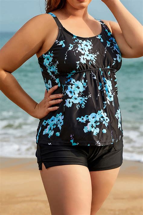 Plus Size Flared Tankini Set With Cargo Short Cherieday