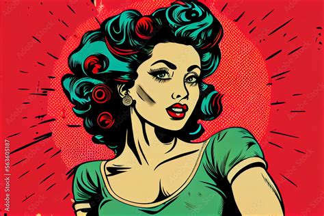 Sexy Pin Up Frau Mit Lockenwickler Bunter Hintergrund In Pop Art Retro Comic Stil Generative