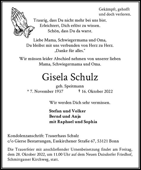 Traueranzeigen Von Gisela Schulz Ga Trauer De