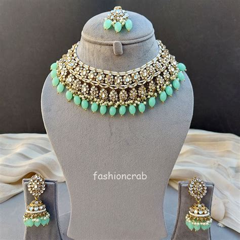 Sea Green Color Bridal Kundan Jewellery Set Fashioncrab