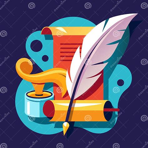 Stylized Quill Pen And Paper Arranged On Blue Background A Graphic