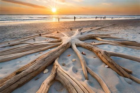 Premium AI Image | A tree stump on the beach at sunset.