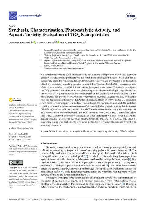 Pdf Synthesis Characterisation Photocatalytic Activity And Aquatic