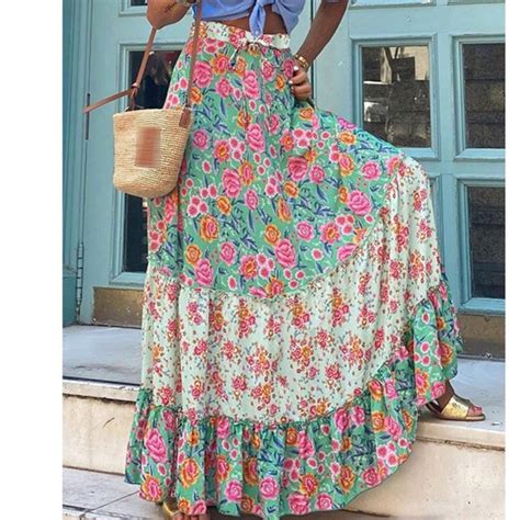 Bellanblue Skirts Boho Mint Floral Print Ruffle Hem Maxi Skirt