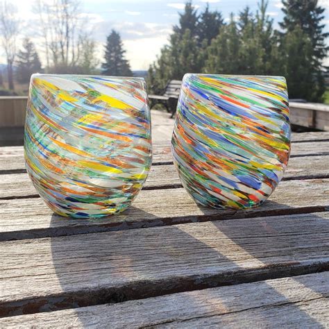 Set Of 2 Stemless Blown Glass Wine Glasses Fiesta Mood Etsy