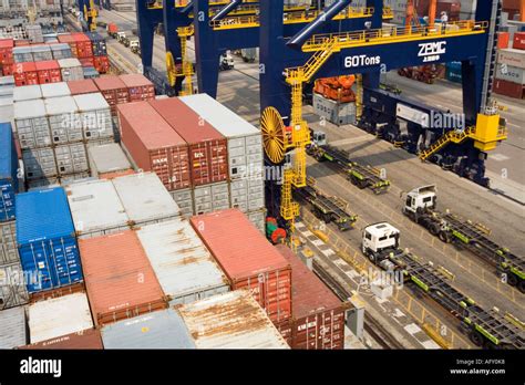 Container Shipping Trucks Line Up On Dock To Receive Unloaded