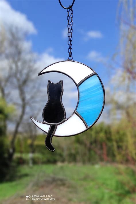 Stained Glass Black Cat On The Moon Suncatcher Window Ornament Hanging Decoration Crescent