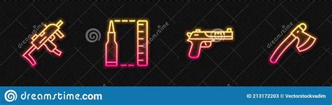 Set Line Desert Eagle Gun Mp9i Submachine Bullet And Wooden Axe Glowing Neon Icon Stock