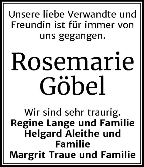 Traueranzeigen Von Rosemarie G Bel Abschied Nehmen De