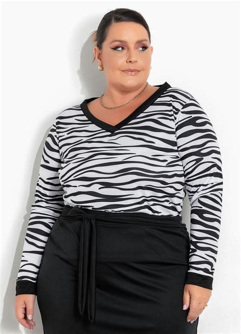 Blusa Zebra Decote V Plus Size Marguerite