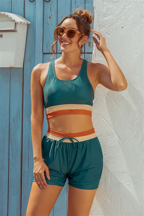 Teal Colorblock Square Neck Wide Straps Sporty Bikini Top And High