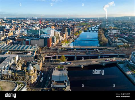 Aerial View From Drone Of River Clyde And Skyline Of Glasgow City