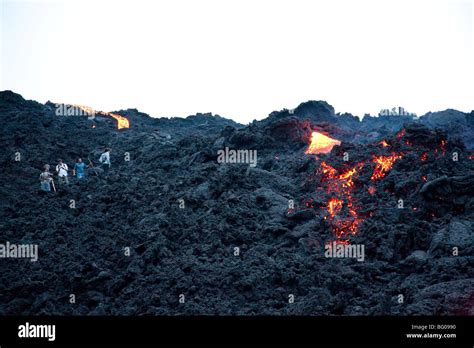 Flowing Lava and Tourists towards the Pacaya Volcano Peak. Volcan ...
