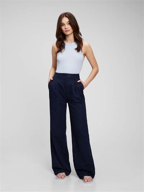 High Rise Linen Cotton Pleated Wide Leg Pants With Washwell Gap