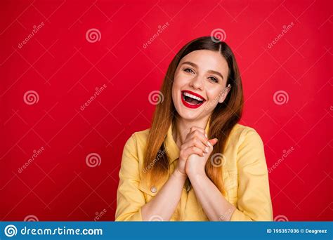 Please Photo Of Attractive Overjoyed Lady Good Mood Hold Join Arms