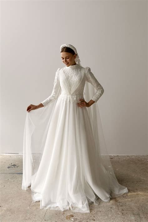 Modest Muslim Wedding Dress Hijab Beaded Tulle A Line Long Etsy