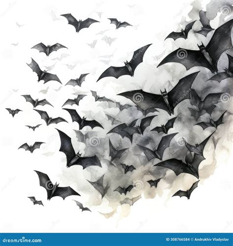 Watercolor Style Swarm Of Bats Flurry Of Detailed Black Bats With