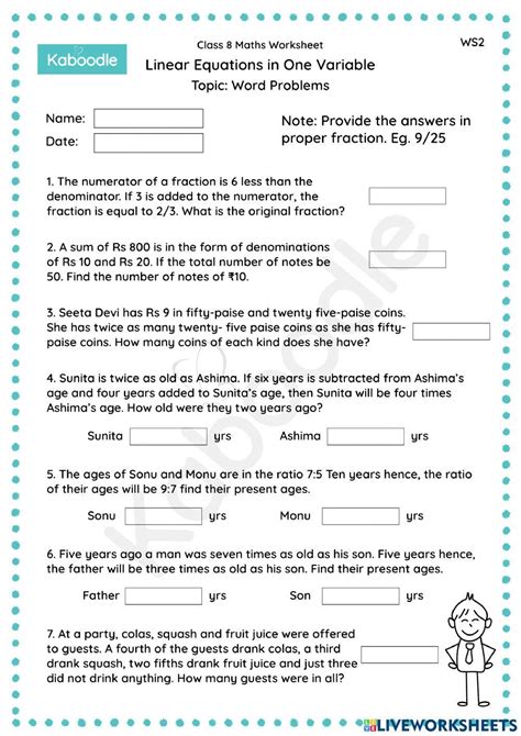 Linear Equations In One Variable Word Problems Interactive