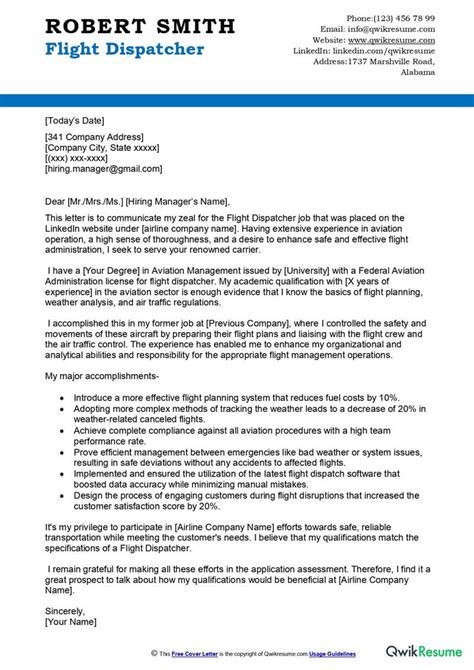 Flight Dispatcher Cover Letter Examples QwikResume