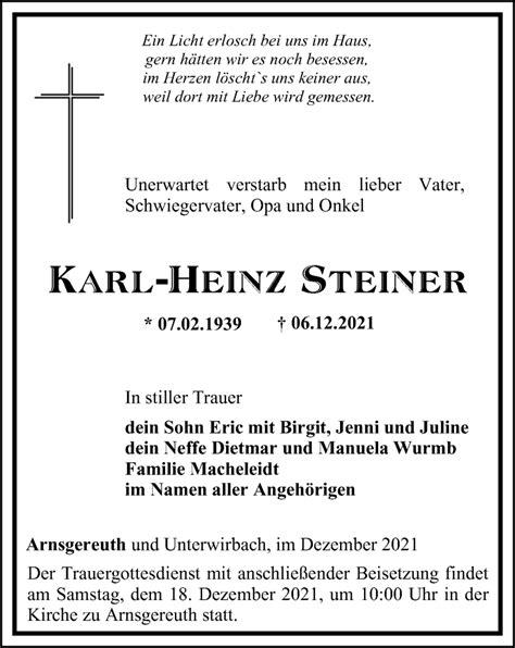 Traueranzeigen Von Karl Heinz Steiner Trauer In Thueringen De