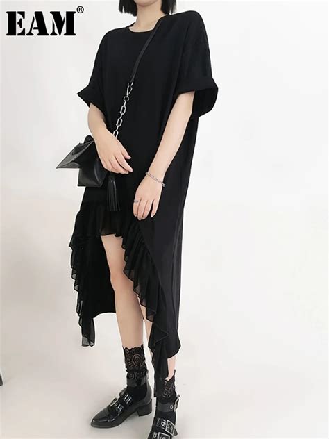 Eam Women Black Ruffles Irregular Big Size Dress New Round Neck Short Sleeve Loose Fit Fashion