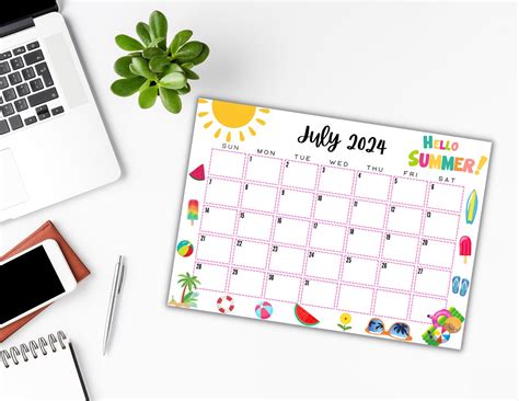 EDITIERBAR Druckbarer Juli Kalender 2024 Süßer Juli Kalender Etsy de