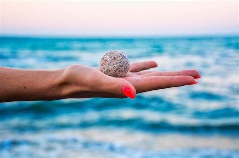 Premium Photo Cropped Hand Holding Stone At Beach