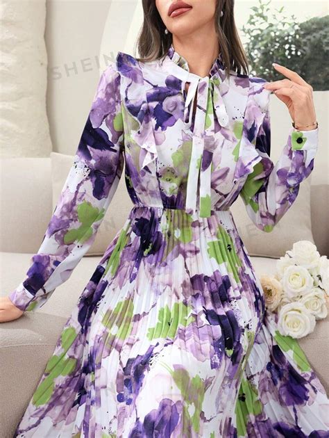 Shein Modely Robe Manches Longues Imprim E Florale Al Atoire Pour