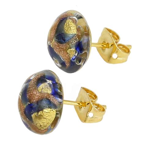 Murano Earrings | Murano Button Stud Earrings - Gold and Blue