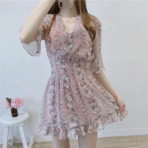 Pink Harajuku Summer 2019 Robe Femme Korean Chiffon Dress Floral Beach