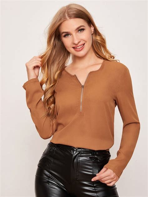 Shein Lune Zipper Half Placket Solid Top Shein Usa