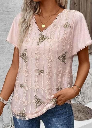 ROTITA Patchwork Floral Print Light Pink V Neck Blouse Rotita