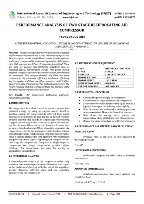 Irjet Performance Analysis Of Two Stage Reciprocating Air Compressor Pdf