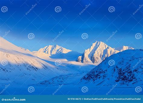 Evening Mountain. White Snowy Mountain Peak, Blue Glacier Svalbard ...