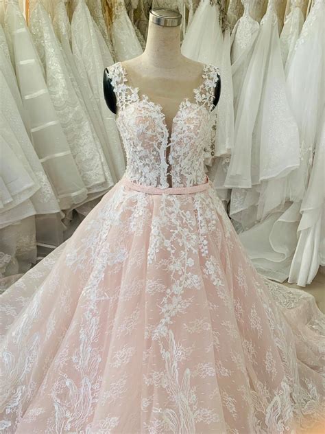 Nude Light Pink Deep V Neck Lace Applique Sleeveless A Line Wedding Dress Various Styles