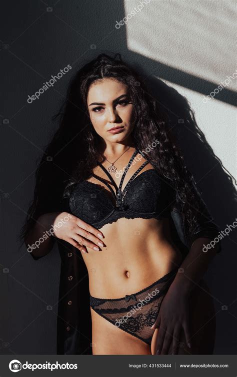 Beautiful Fashionable Brunette Woman In Black Lingerie Portrait Stock