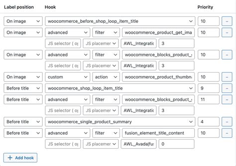 Hooks Settings Advanced Woo Labels