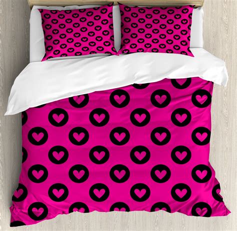 Hot Pink Duvet Cover Set Queen Size Cute Pink Hearts Inside Big Black Spots Pattern In