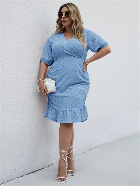 Plus Polka Dot Surplice Front Ruched Mermaid Dress Ruffles Fashion