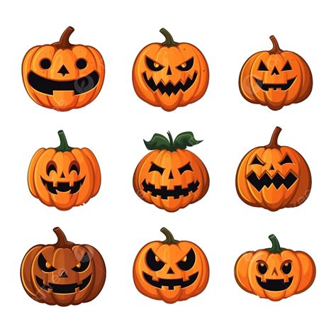 Set Of Halloween Scary Pumpkins Flat Style Vector Spooky Funny Pumpkins