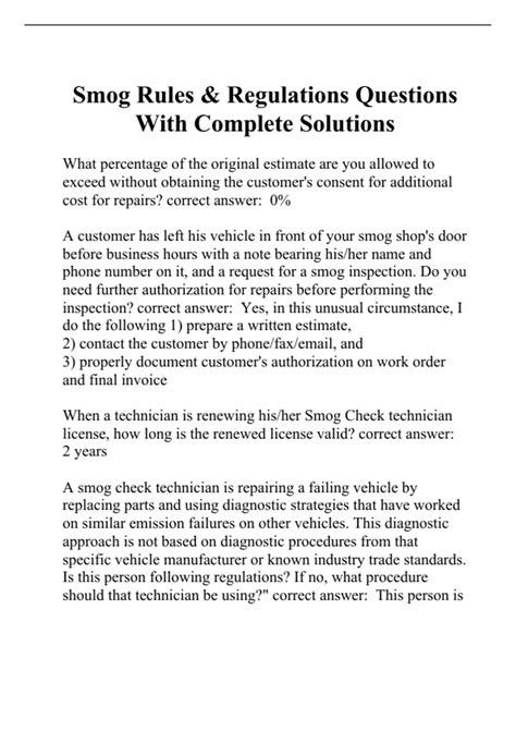 Smog Rules And Regulations Questions With Complete Solutions Smog Inspector Stuvia Us