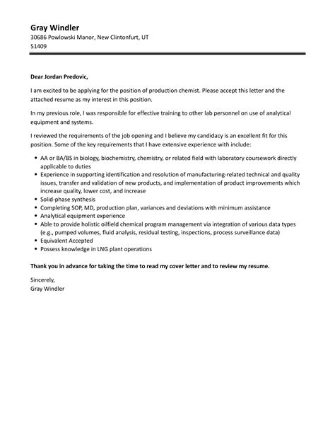 Production Chemist Cover Letter Velvet Jobs