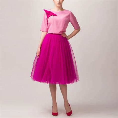 2017 Hot Pink Tulle Tutu Midi Skirt High Quality 5 Layer Tulle Solid