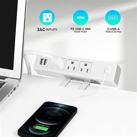 White Desktop Clamp Power Strip With Usb Surge Protector Power Charging